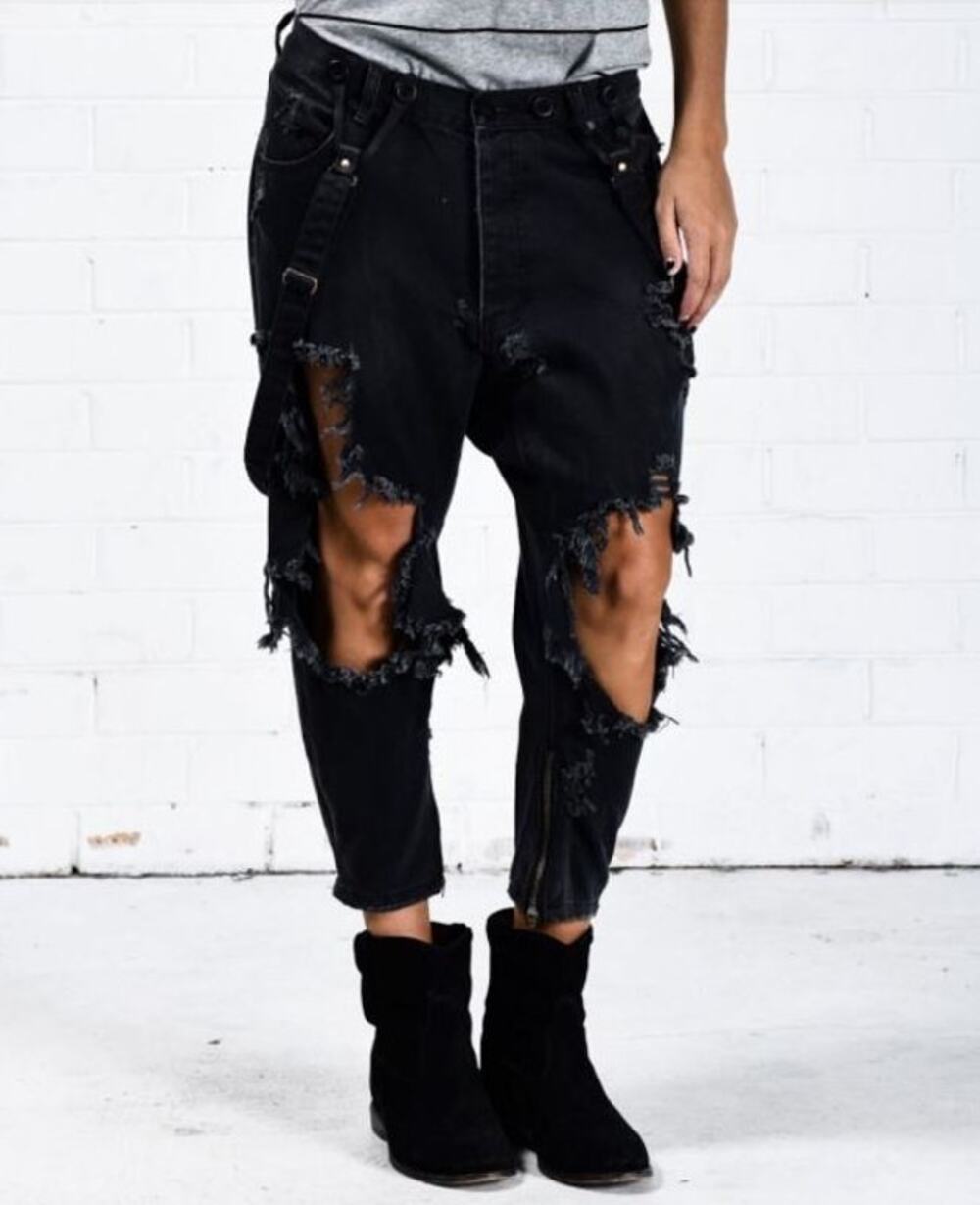 One Teaspoon 26 Kingpins Black Busted Knee Distressed Drop Crotch Boyfriend Jean